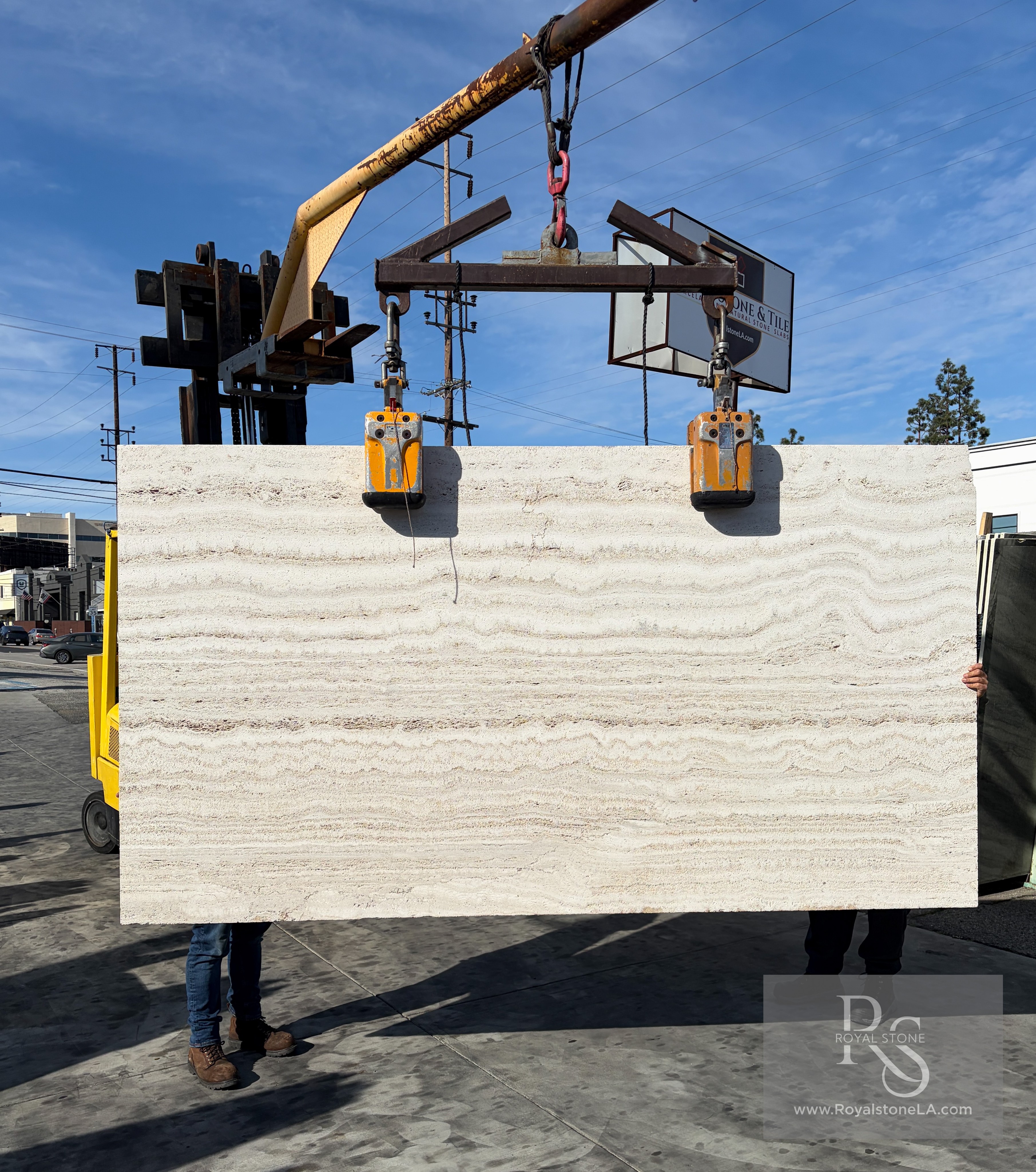 2cm Travertino Sandblasted Cemento vein cut ivory travertine slab at Royal Stone Los Angeles, warm cream and ivory horizontal stratification with delicate wavy bedding and sandblasted matte texture, 63 by 116 inches