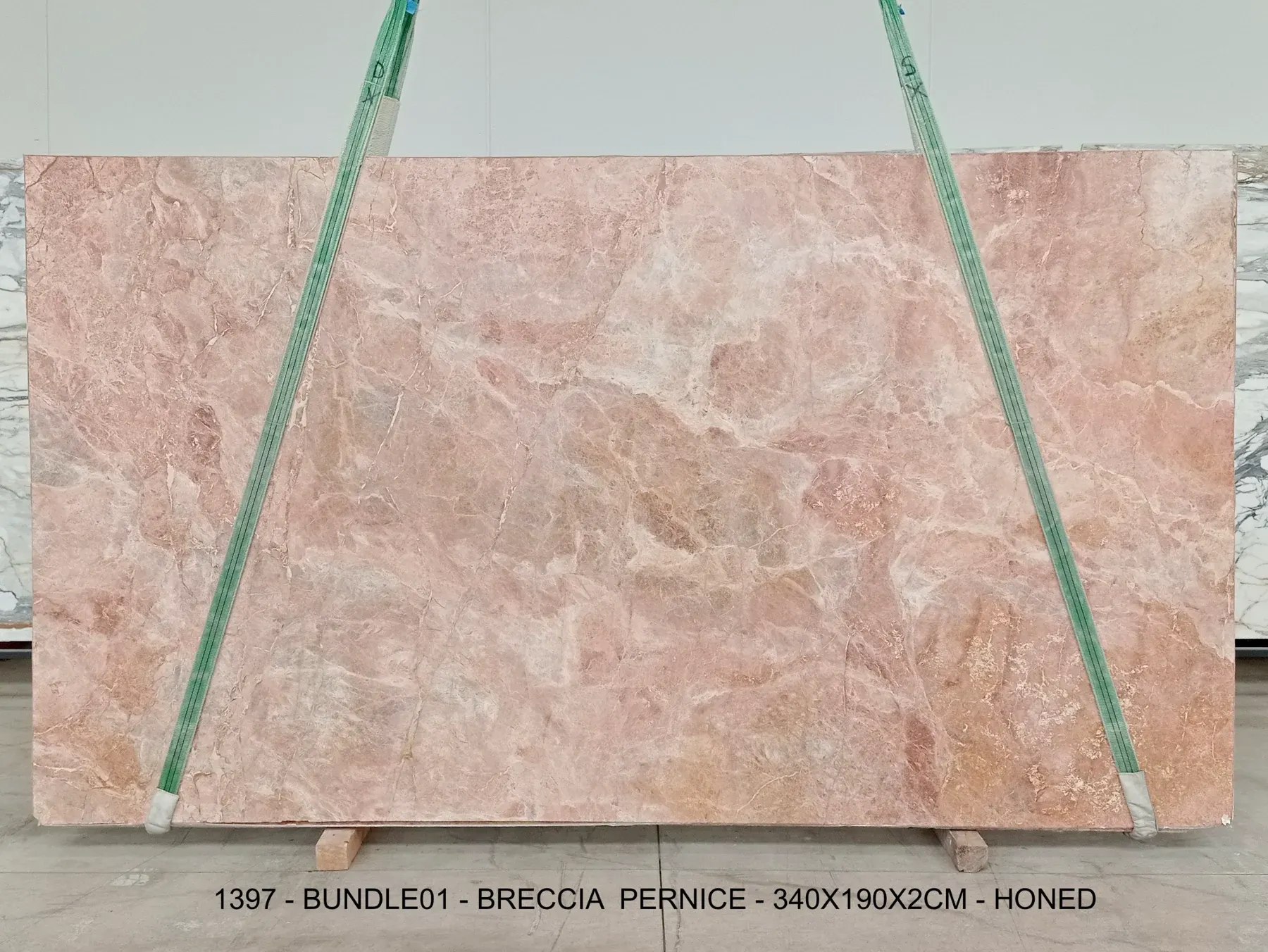 Breccia Pernice honed marble slab from bundle 01, with layered blush, dusty rose, and pale cream breccia movement