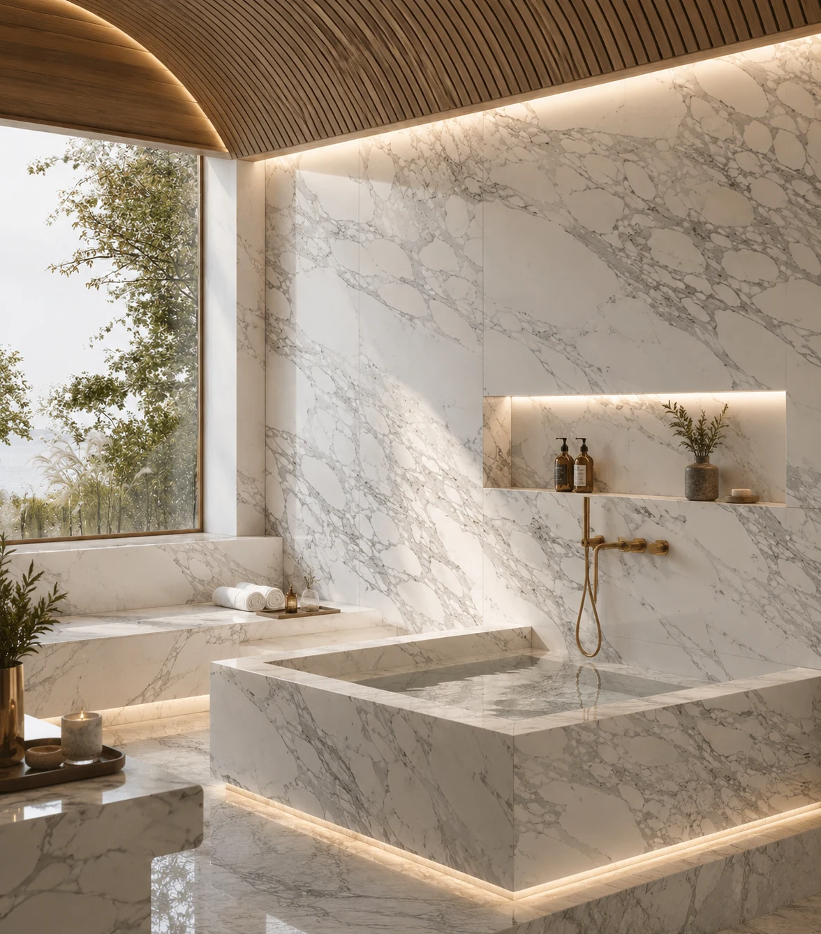 Bathroom rendering with Calacatta Borghini Gold MAN4499 marble installed across the full-height walls, recessed niche, tub, bench, and floor beneath a curved wood ceiling