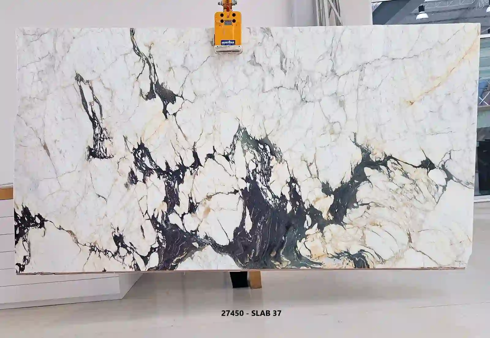 Calacatta Viola marble slab from lot 27450, with a bright white field crossed by bold charcoal-violet breccia rivers