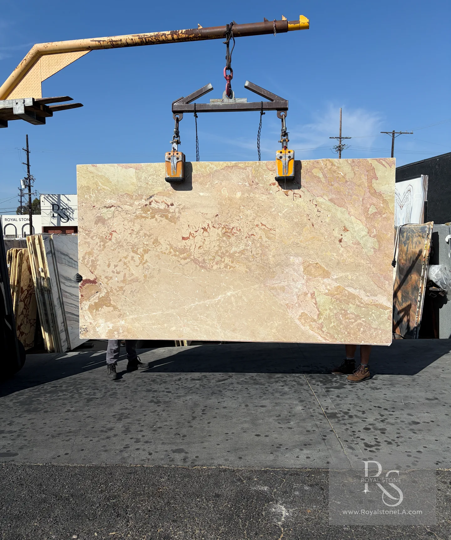 Ceppo Breccia Savoie BAS9048 honed marble slab from Italy, 76 by 134 inches, with a warm ivory field and blush, pale rose, and muted mineral movement, at the Royal Stone yard in Los Angeles