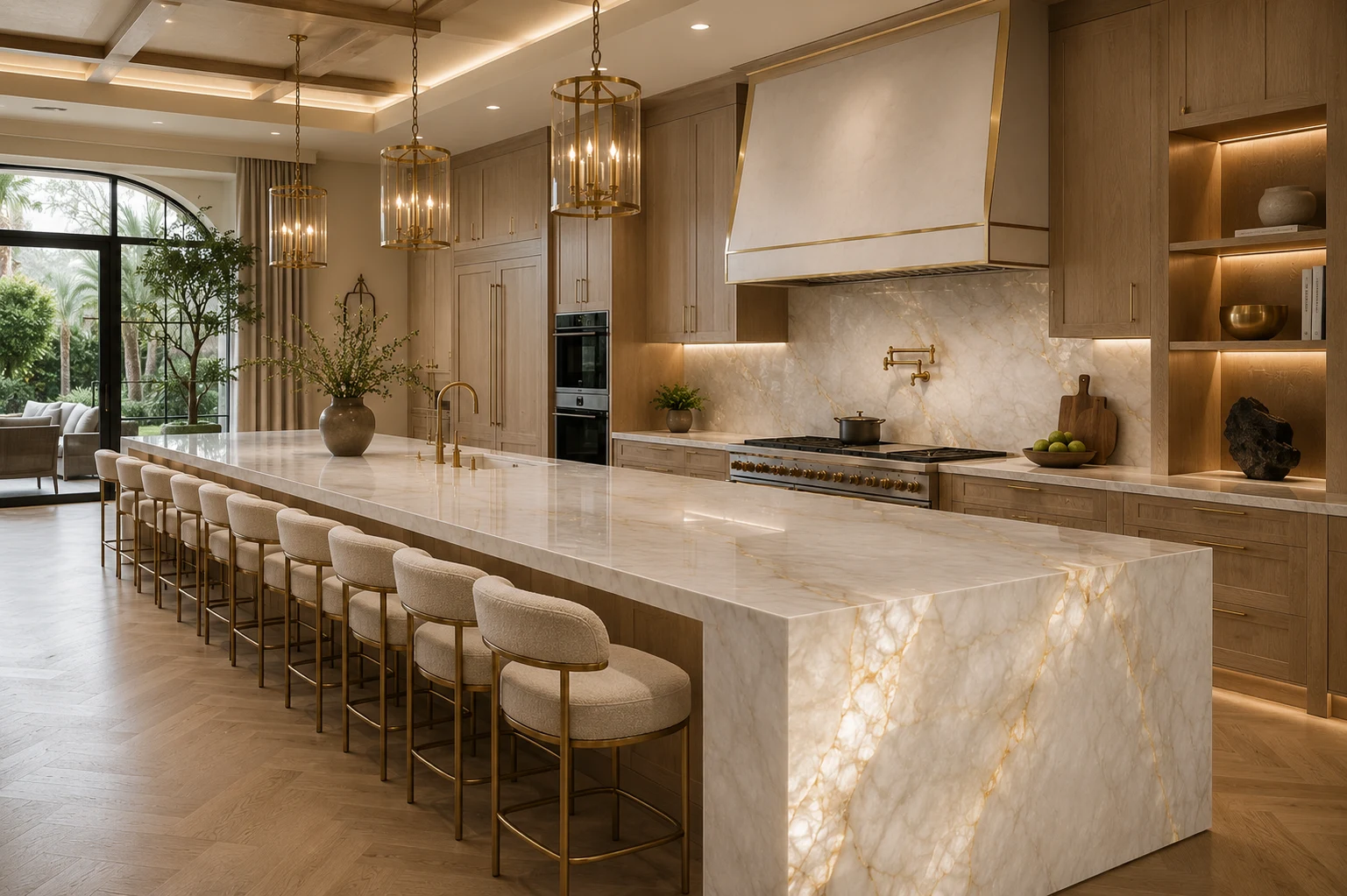 Installed kitchen featuring Cristallo Babyrose quartzite on a large island with a waterfall edge, perimeter counters, and full-height backsplash