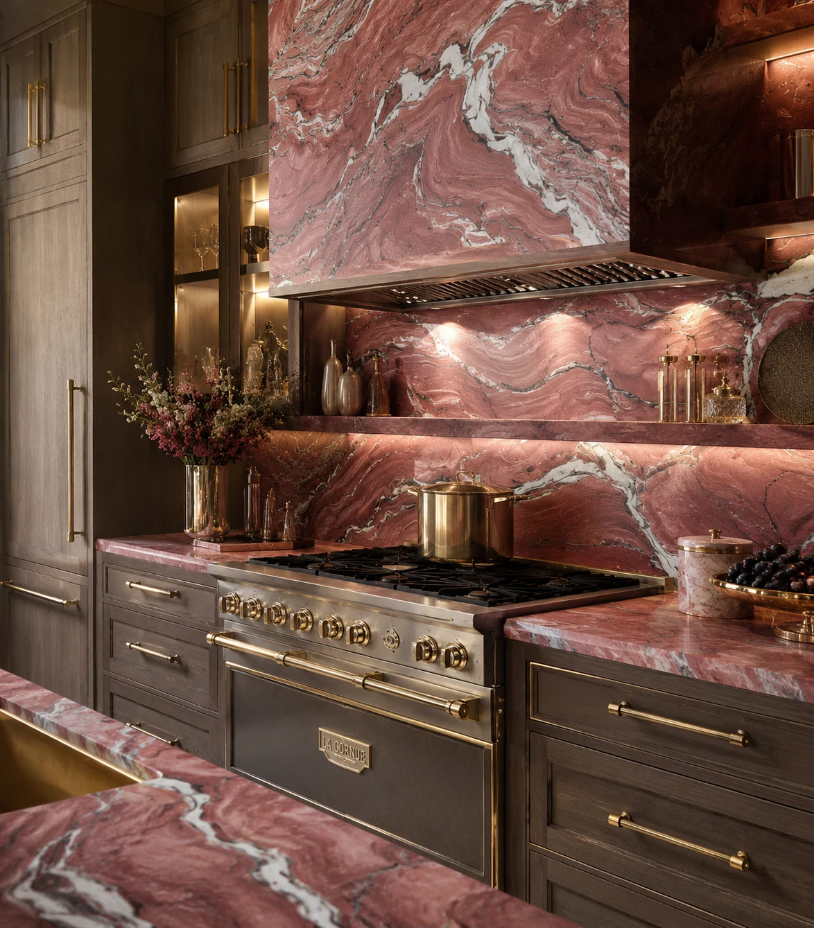 Rendering of Fusion Red Revolution quartzite installed across the countertops, backsplash, shelving, and range hood in a warm dark-wood kitchen