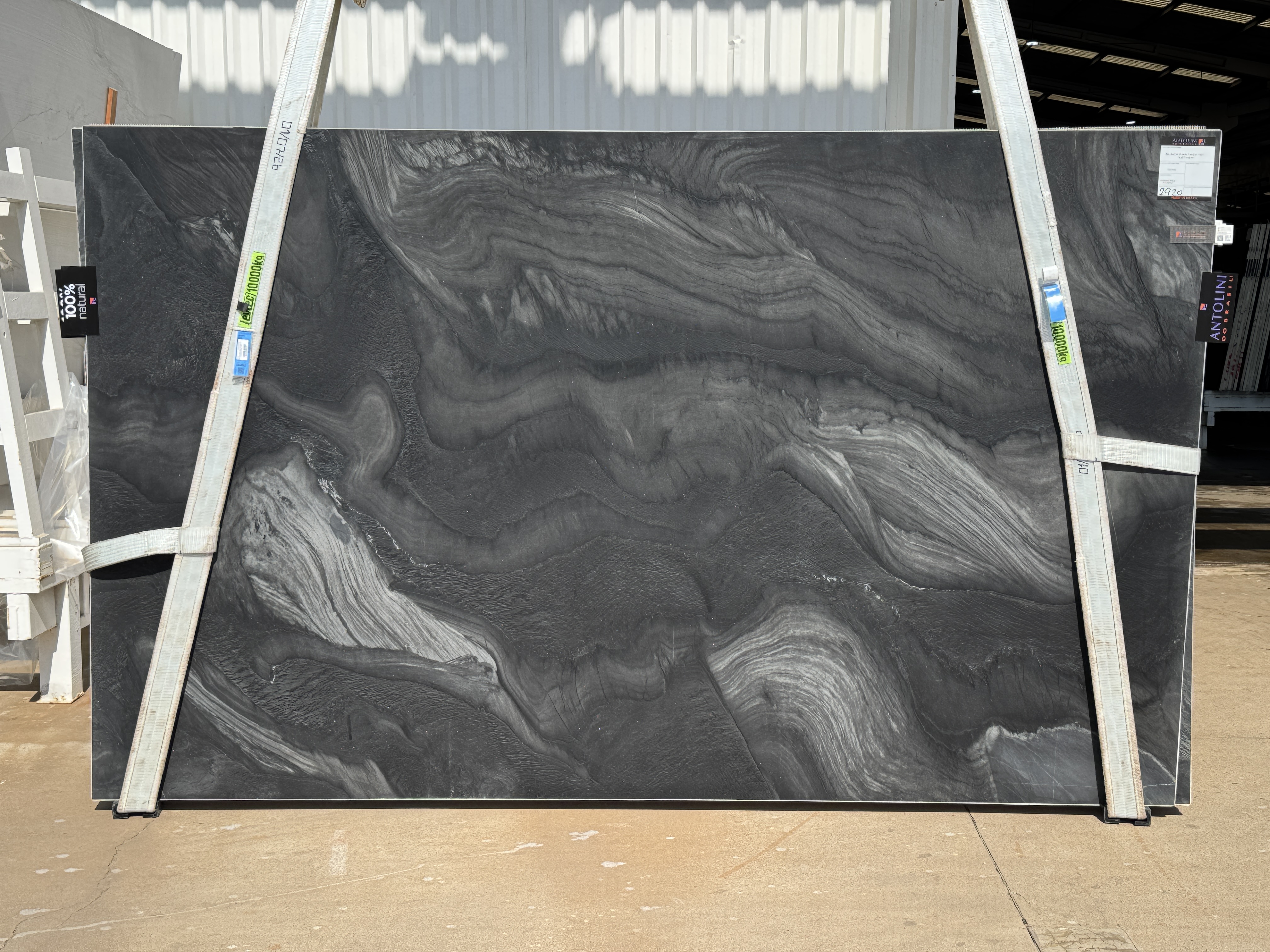 Antolini Black Fantasy A quartzite slab from Brazilian Block AO914, photographed at the stone yard