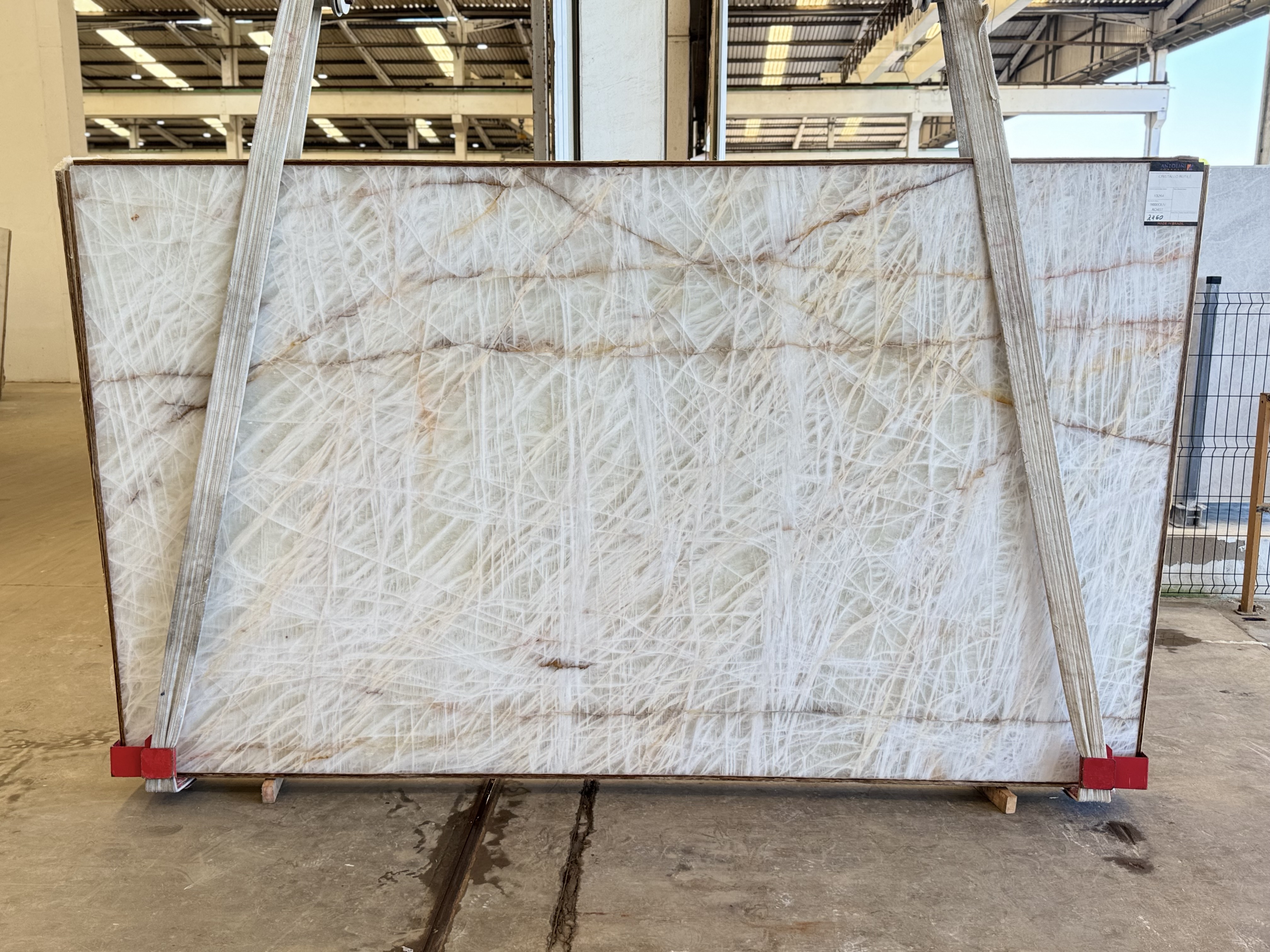 Antolini Cristallo Rutile quartzite slabs from Brazilian Block AO457, photographed at the stone yard