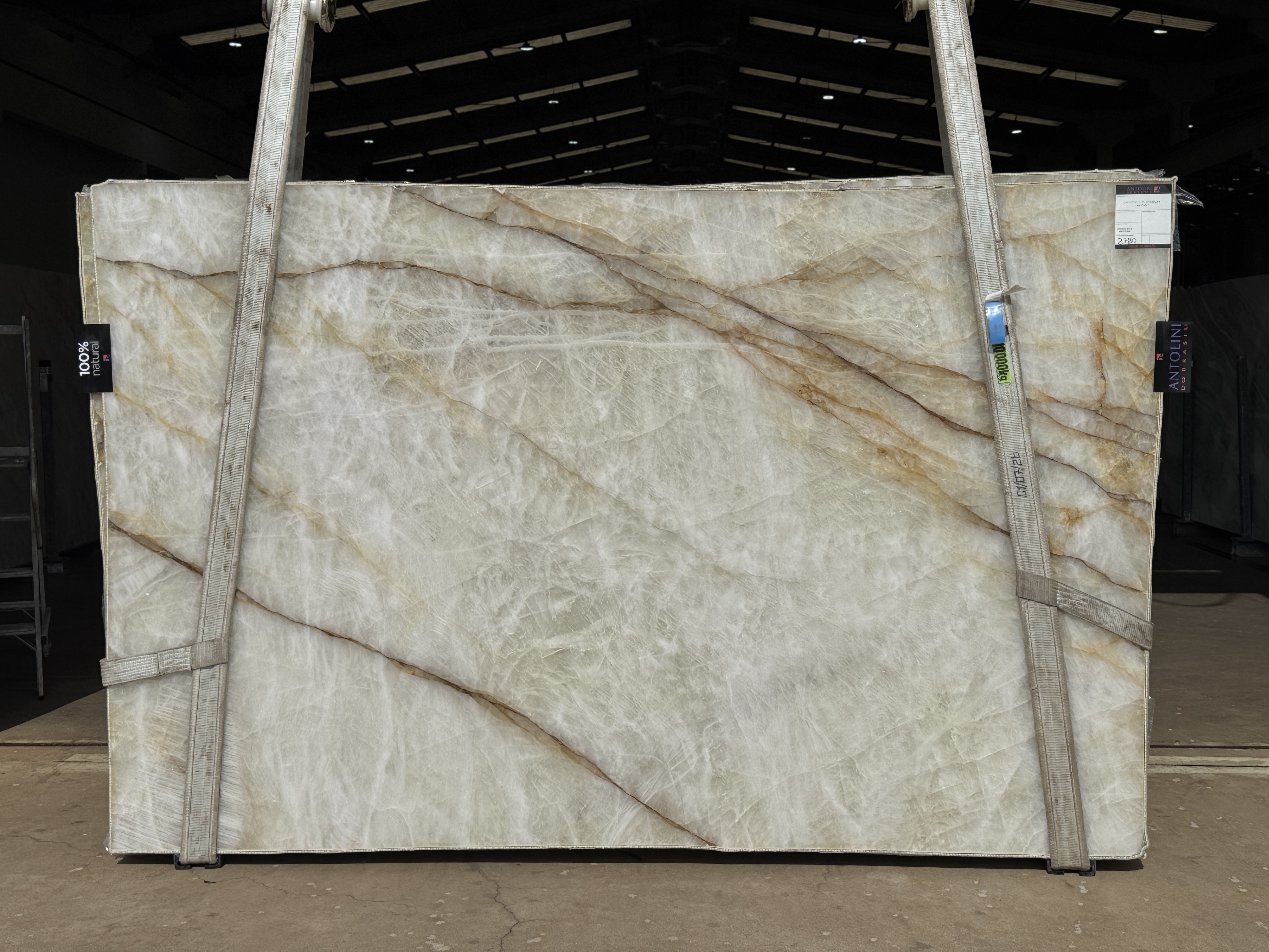 Antolini Cristallo Vitrum quartzite slabs from Block AO248, chapas 1 through 9, photographed at the stone yard