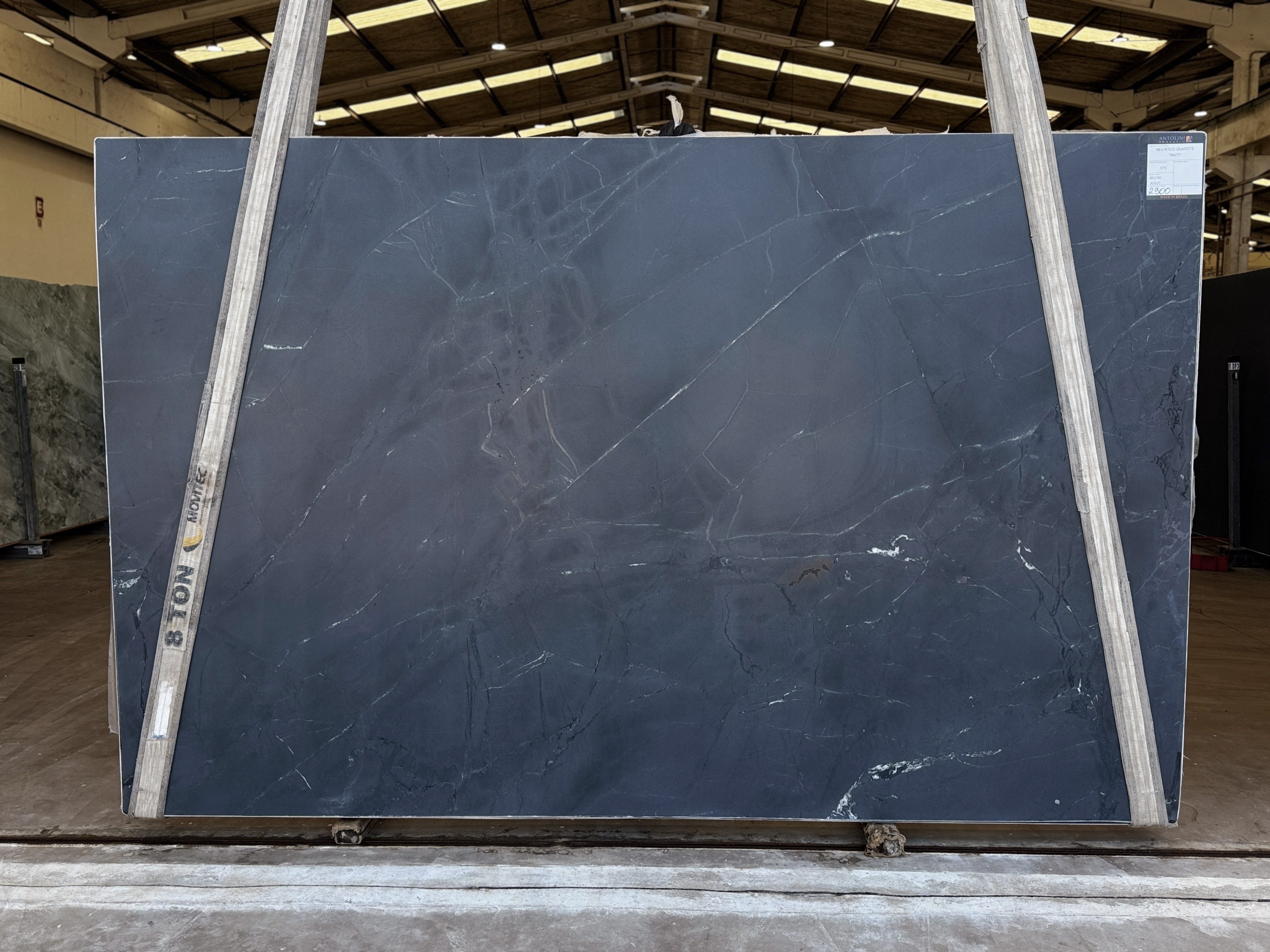 Antolini Negresco quartzite slabs from Brazilian Block AO630, shown in a matt finish at the stone yard
