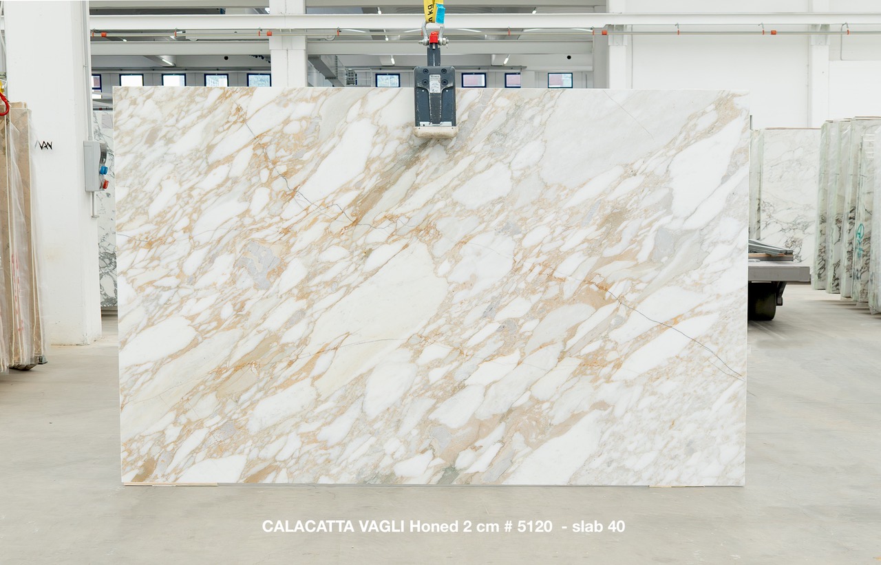 Calacatta Vagli Gold MAN5120 honed marble slab, 78 by 129 inches, photographed at the source yard