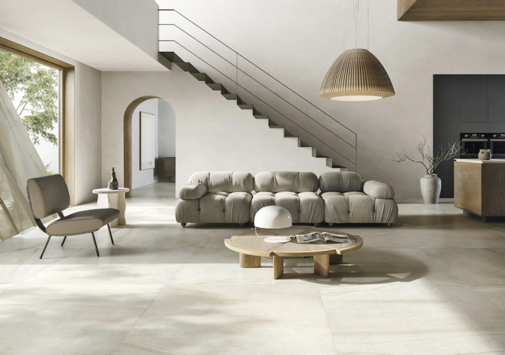 Refin Sublime Grey honed 48 by 48 large-format porcelain tile installed in a contemporary interior