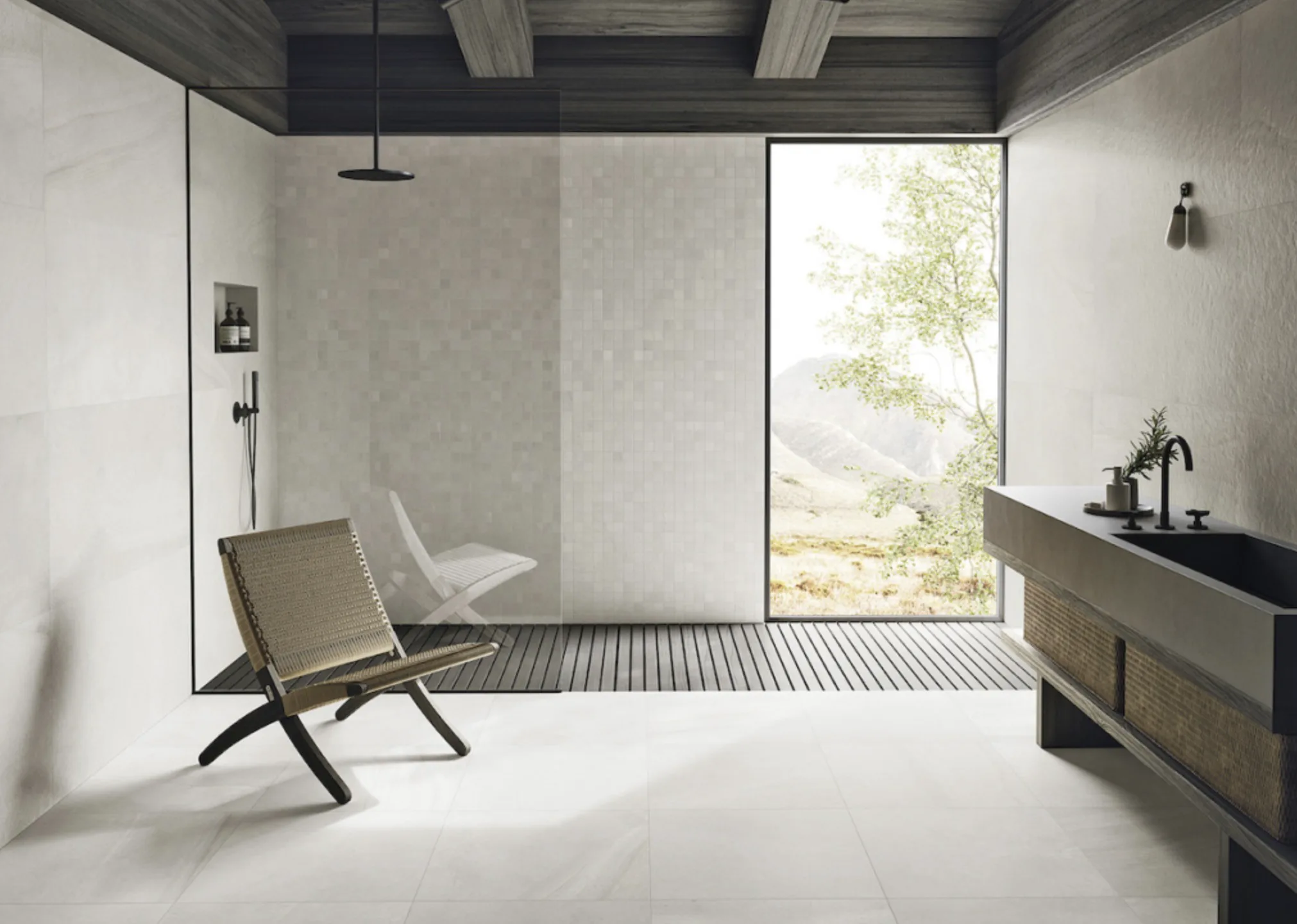 Refin Sublime Ivory honed 48 by 48 large-format porcelain tile installed as interior flooring