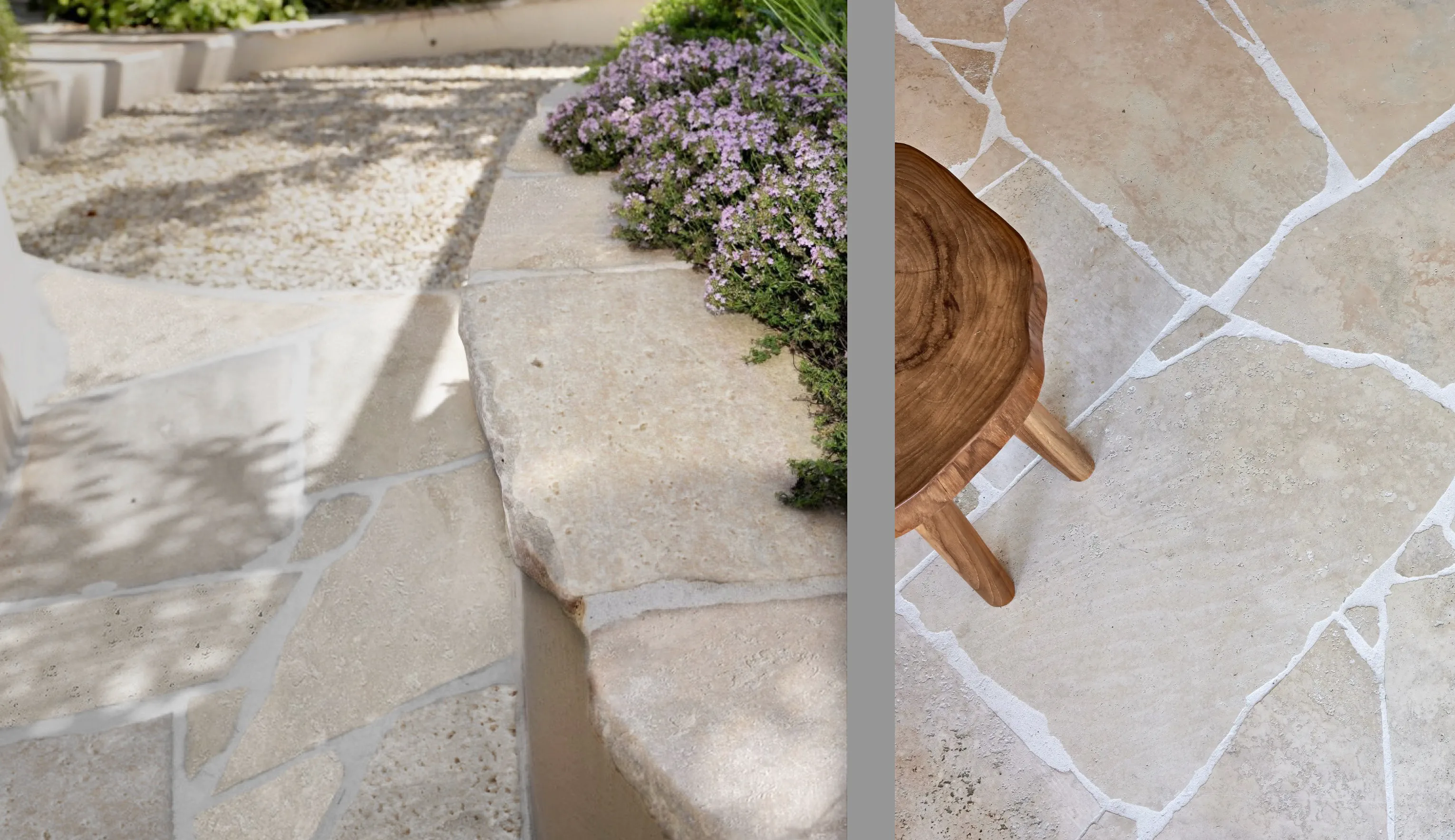 Cropped-edge view of 2cm unfilled Roman travertine flagstone showing the natural broken face and unfilled travertine surface