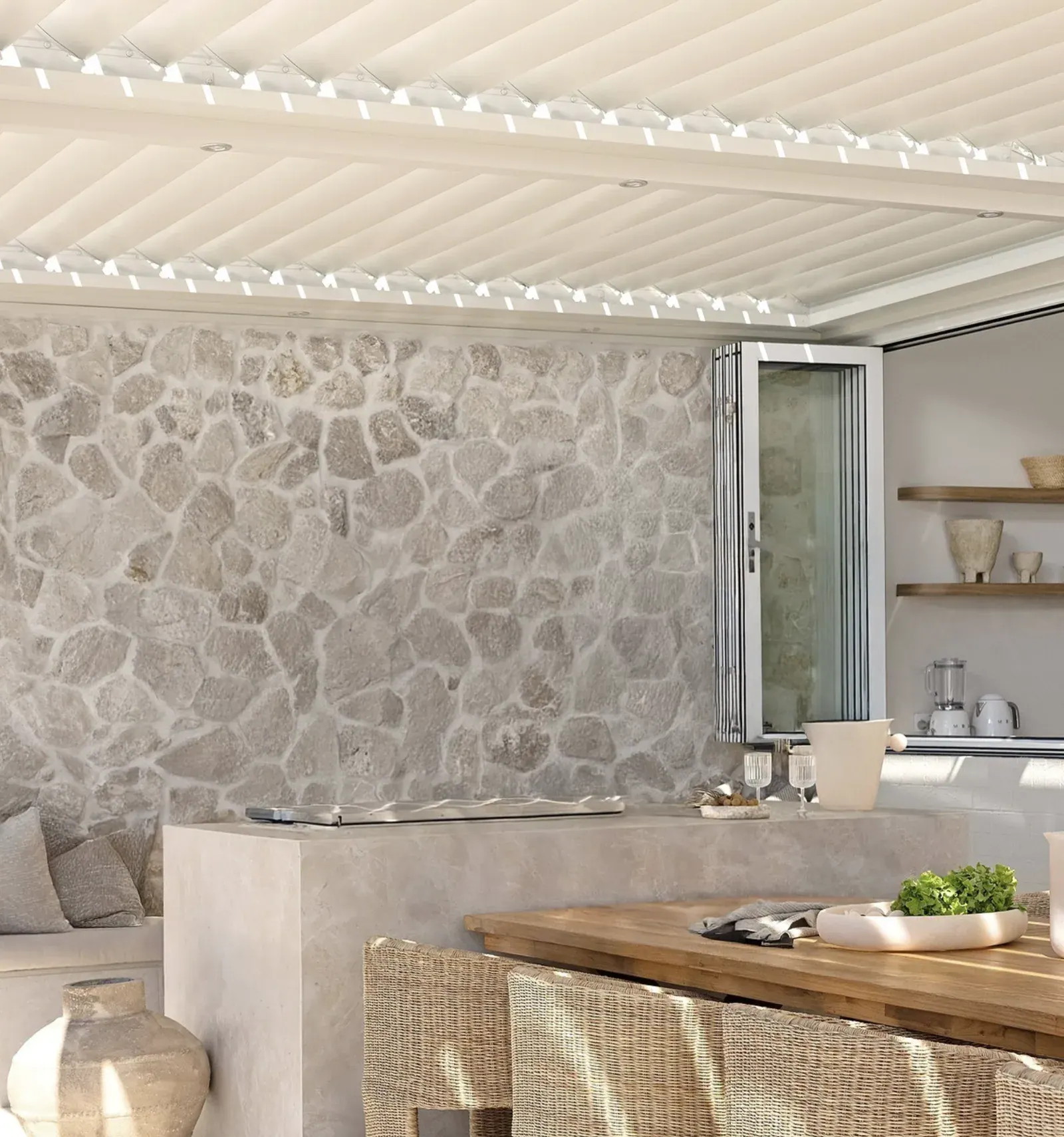 Ivory Premium Travertine thin veneer installed on kitchen wall