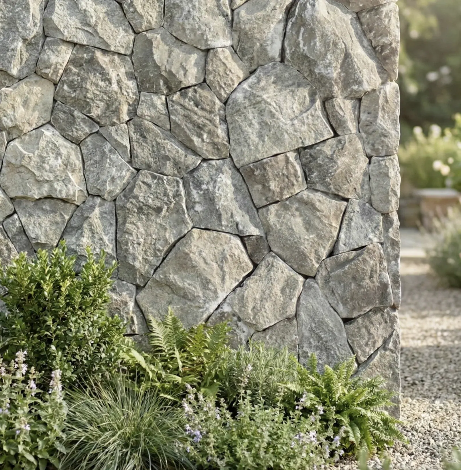 Silver Travertine thin veneer installed as an exterior garden wall