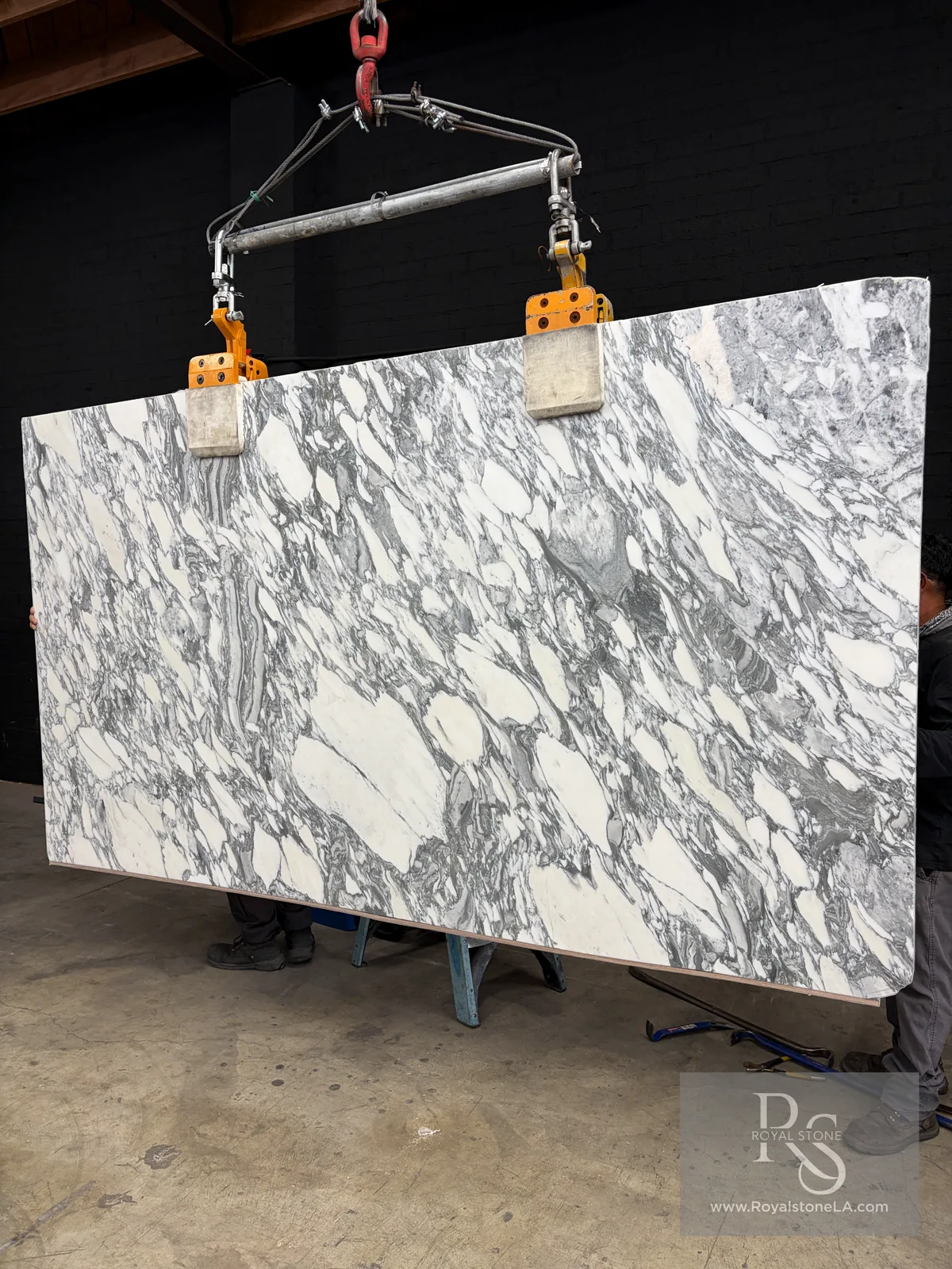 Second view of the 2cm Arabescato Corchia Fantastico honed marble slab, 65 by 118 inches, bright white field with painterly gray veining, lot PLST1232 at Royal Stone Los Angeles
