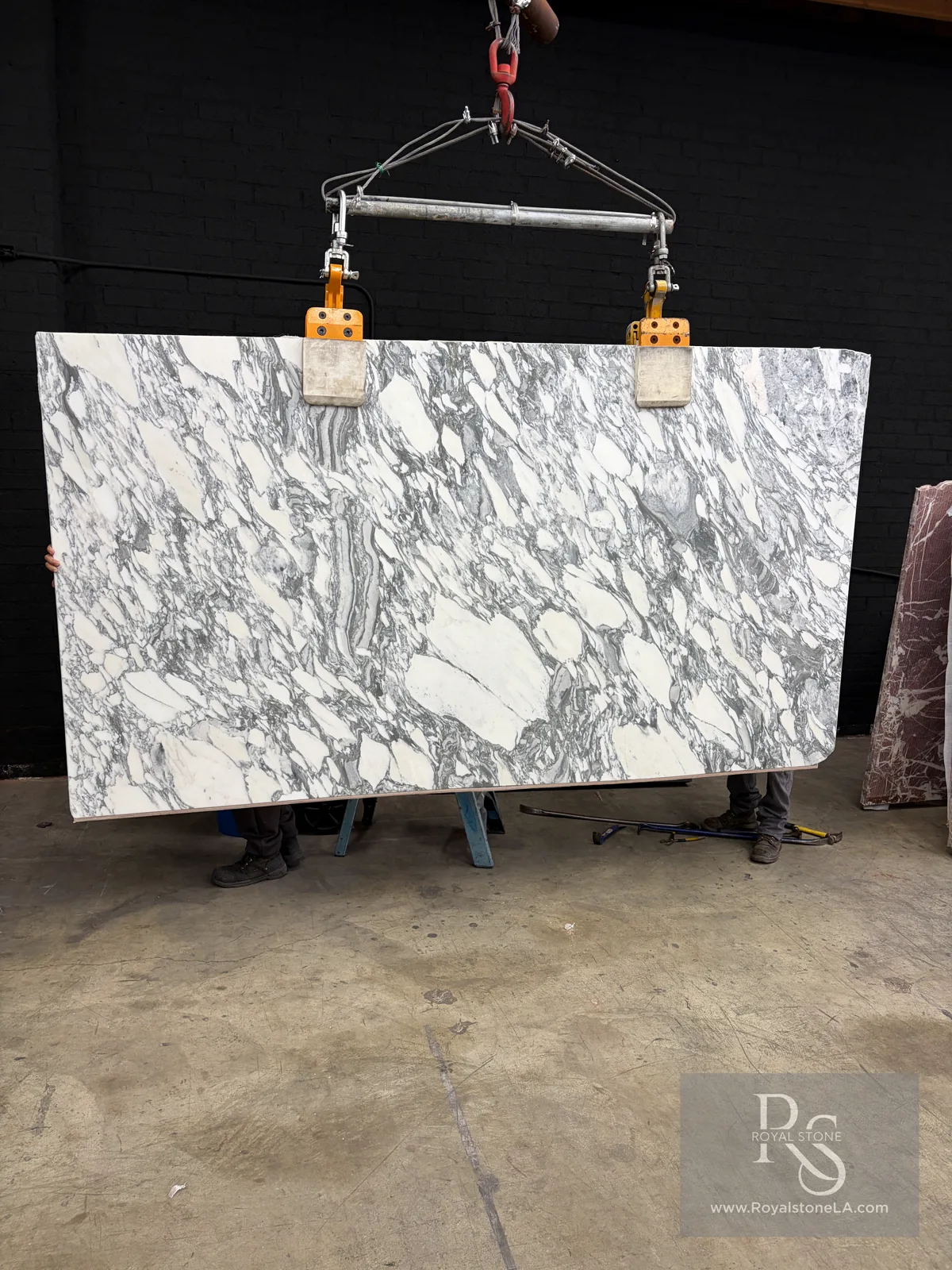 2cm Arabescato Corchia Fantastico honed marble slab, 65 by 118 inches, bright white field with bold painterly gray veining, at the Royal Stone yard in Los Angeles