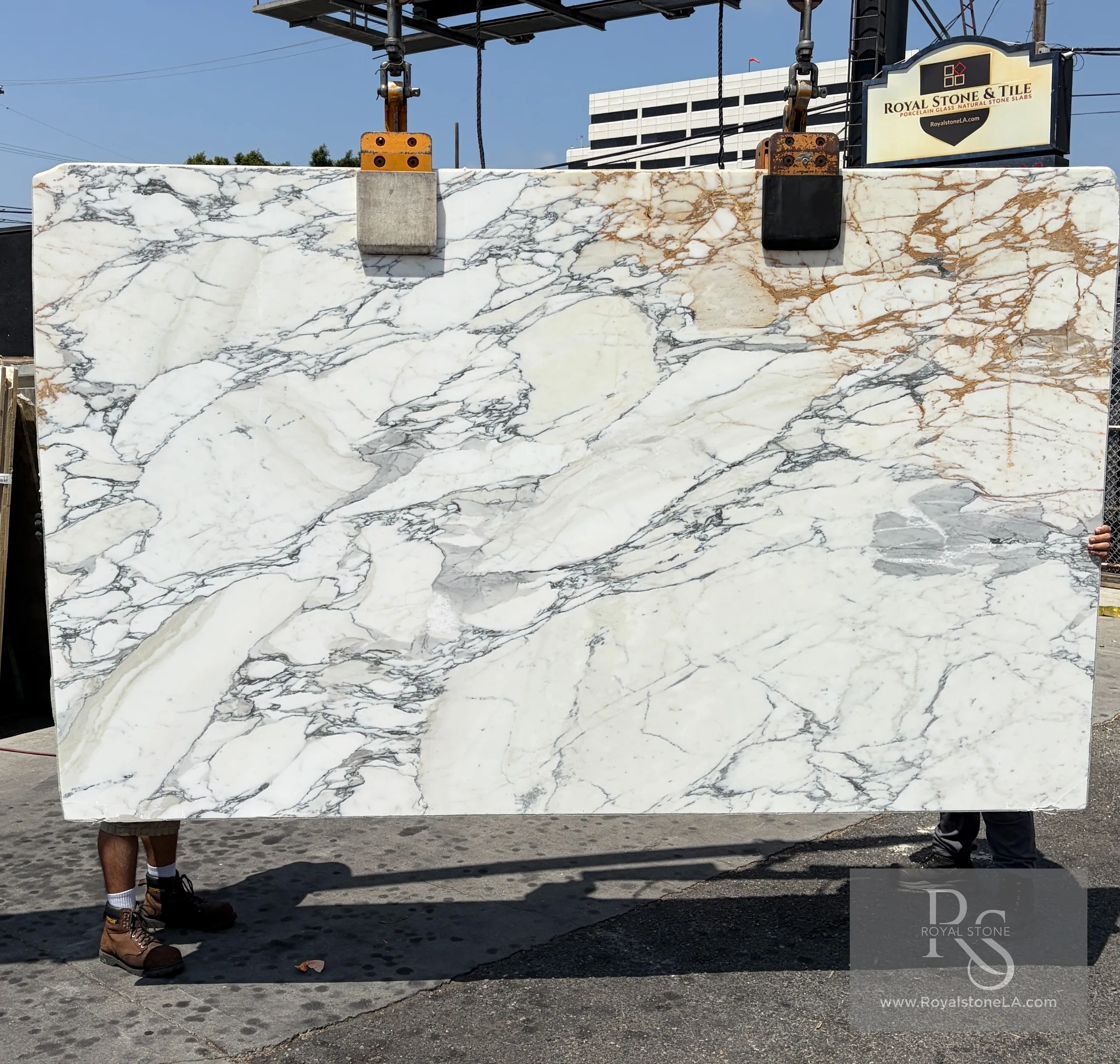 Arabescato Corchia Calacatta marble slab at Royal Stone Los Angeles