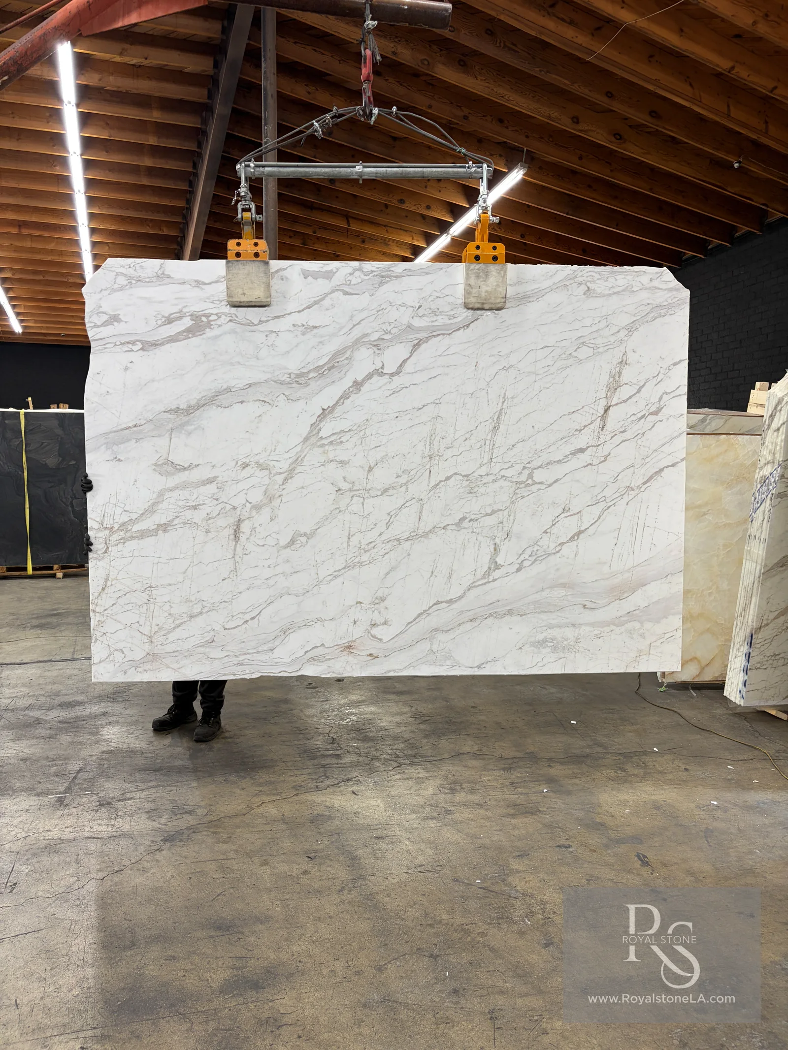 Calacatta Oro Soft Vein marble slab at Royal Stone Los Angeles