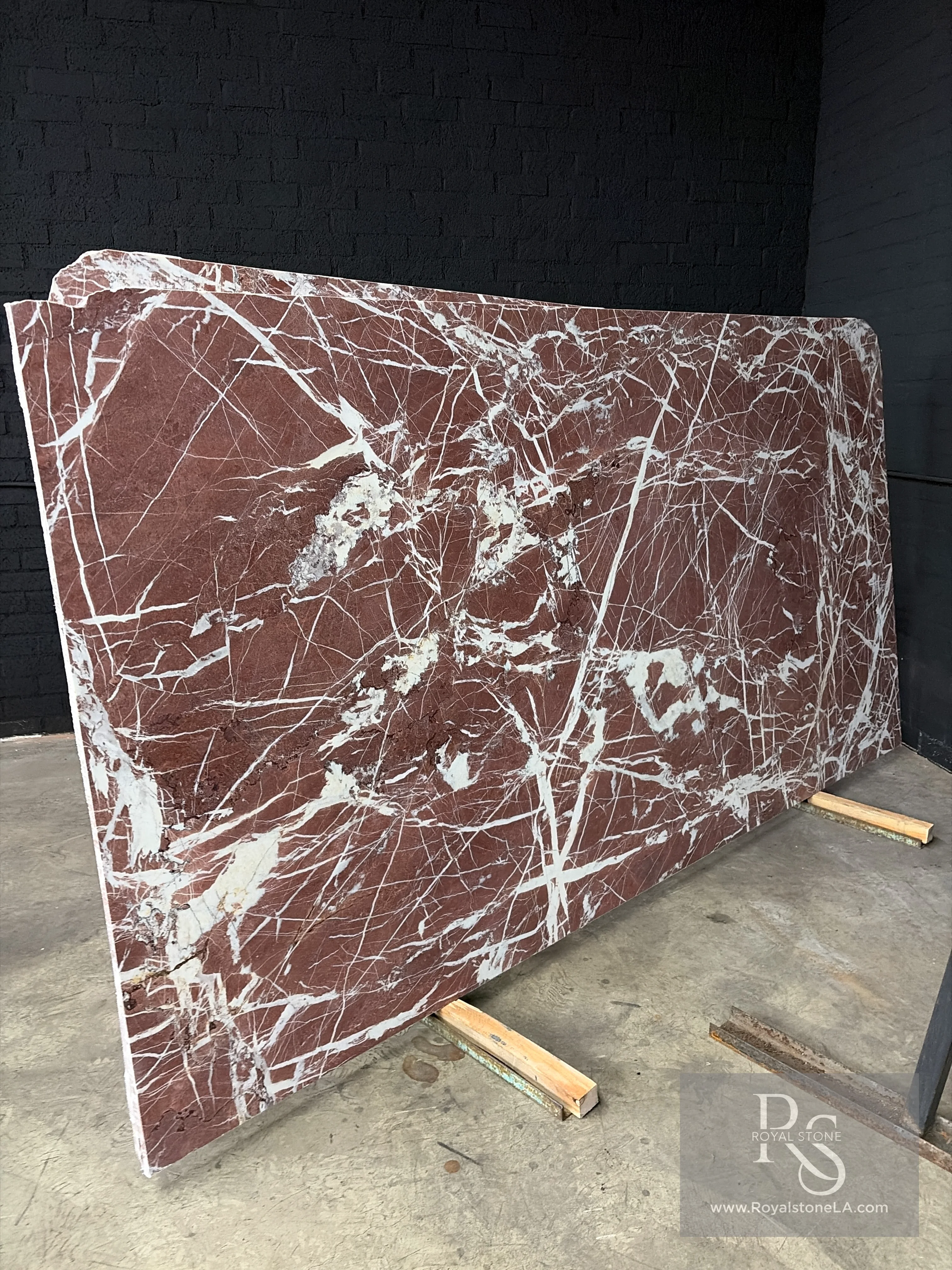 Rosso Alba marble slab at Royal Stone Los Angeles
