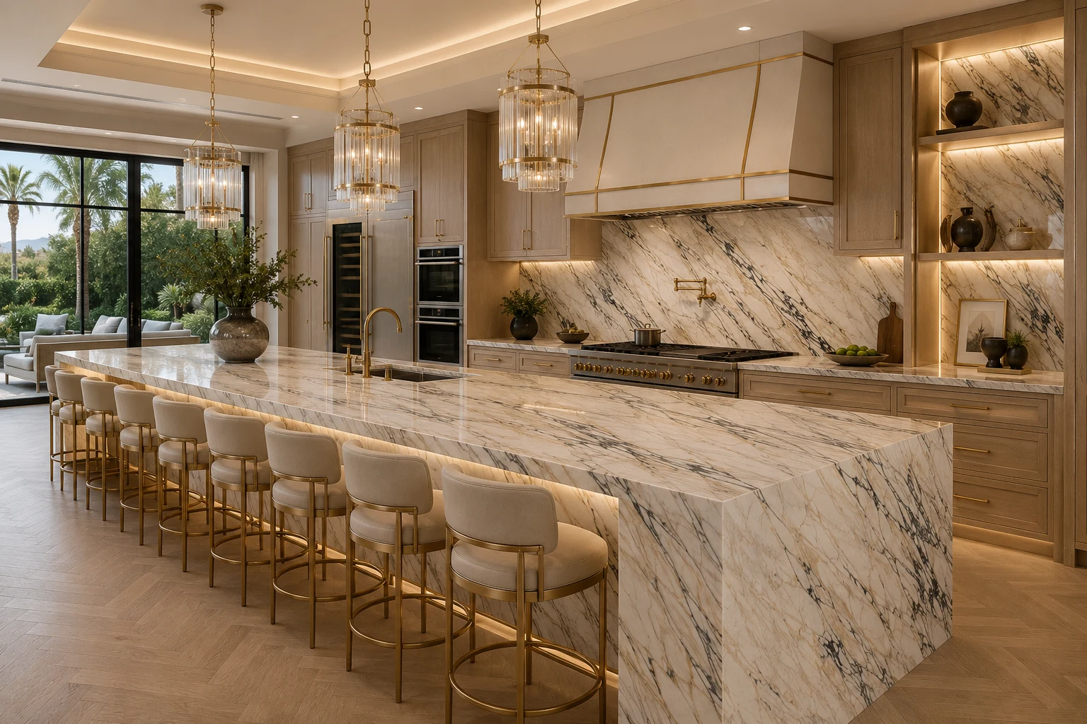 Kitchen rendering with Calacatta Viola Monet marble across a waterfall island, countertops, backsplash, and illuminated display niches