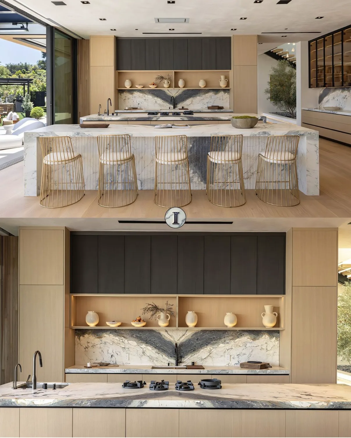 Modern indoor-outdoor kitchen with Antolini Breccia Capraia Select — a bookmatched backsplash with a dramatic butterflied chevron of grey, blue, cream, and gold veining, paired with a monolithic waterfall island, brass wire counter stools, pale oak and charcoal cabinetry, and pocketing glass walls open to a Brentwood hillside.