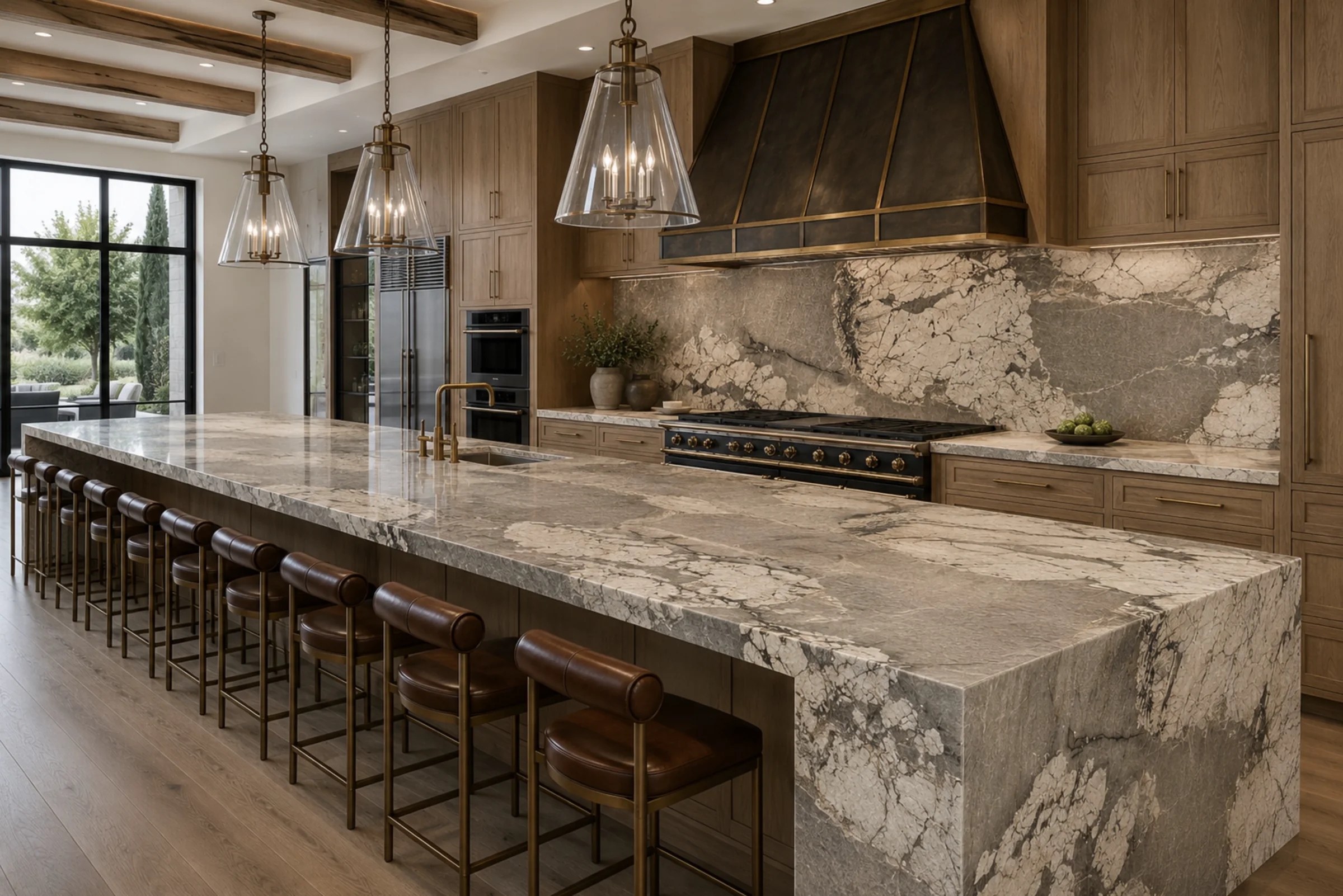 Luxury kitchen installation render featuring Patagonia Alabastro quartzite on the island and full-height backsplash