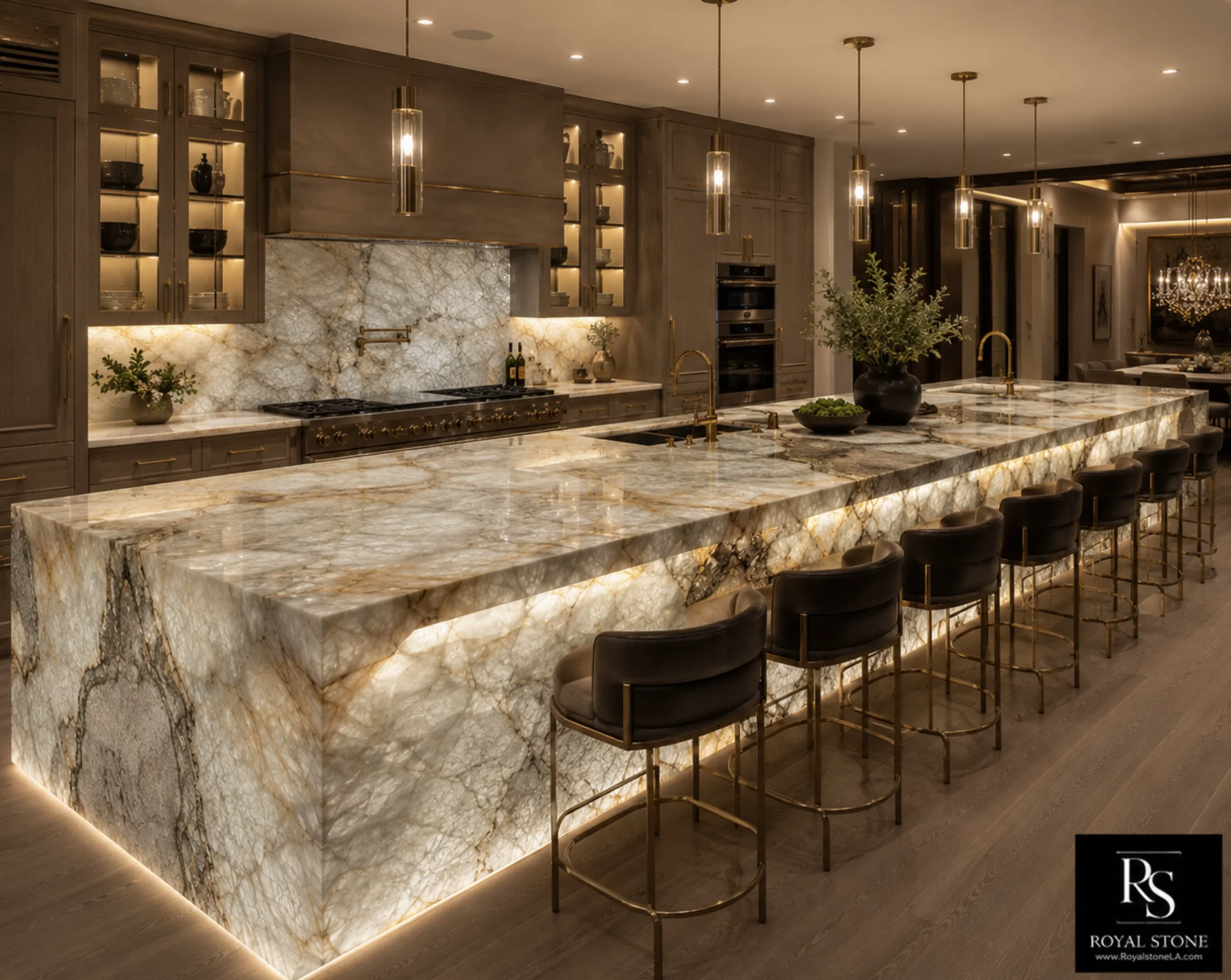 Luxury kitchen rendering with backlit Patagonia Vitrum ZZ458 quartzite across the island, waterfall panels, and backsplash