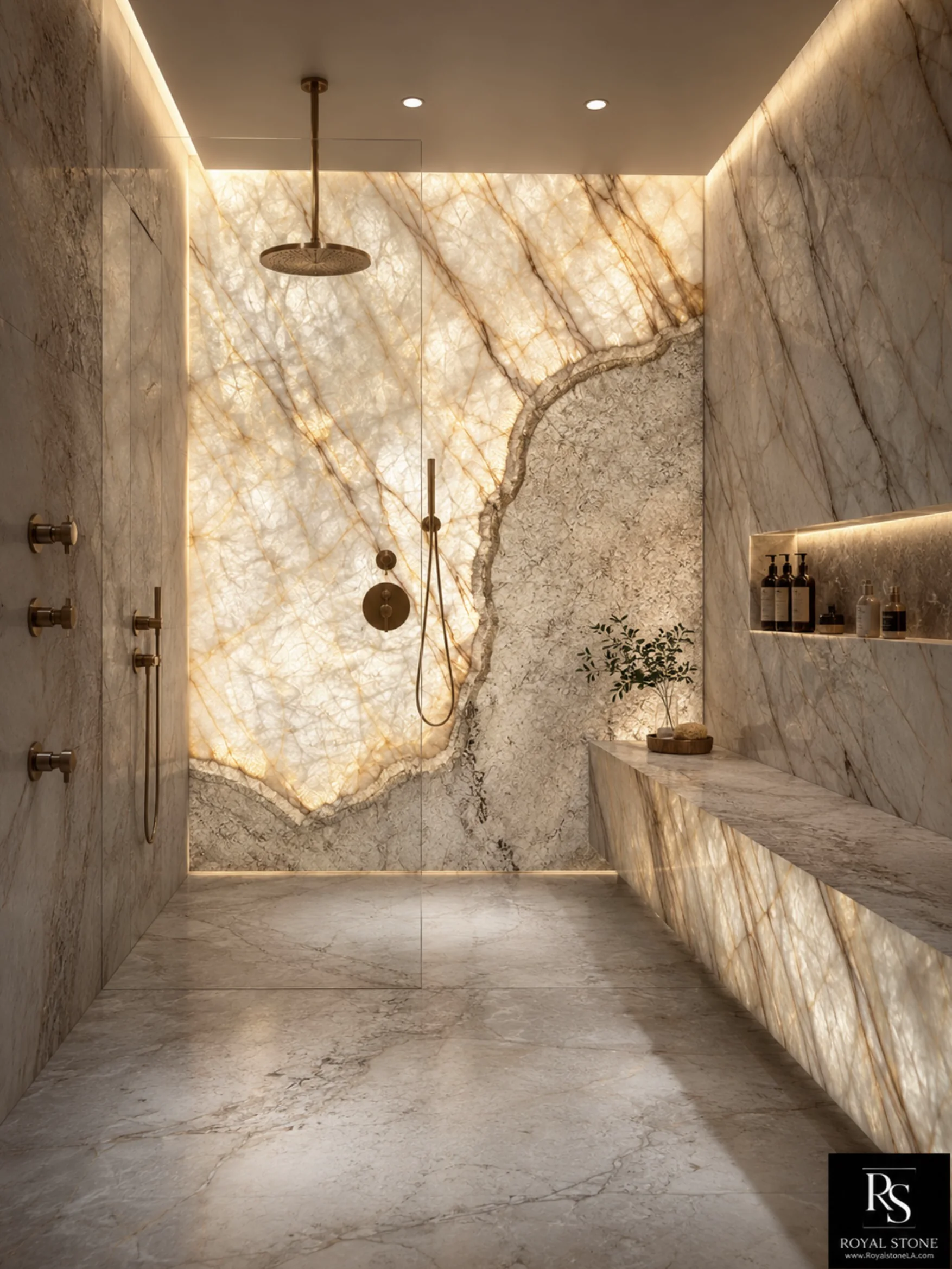 Luxury master shower rendering with backlit Patagonia Vitrum ZZ458 quartzite wall panels and bench front