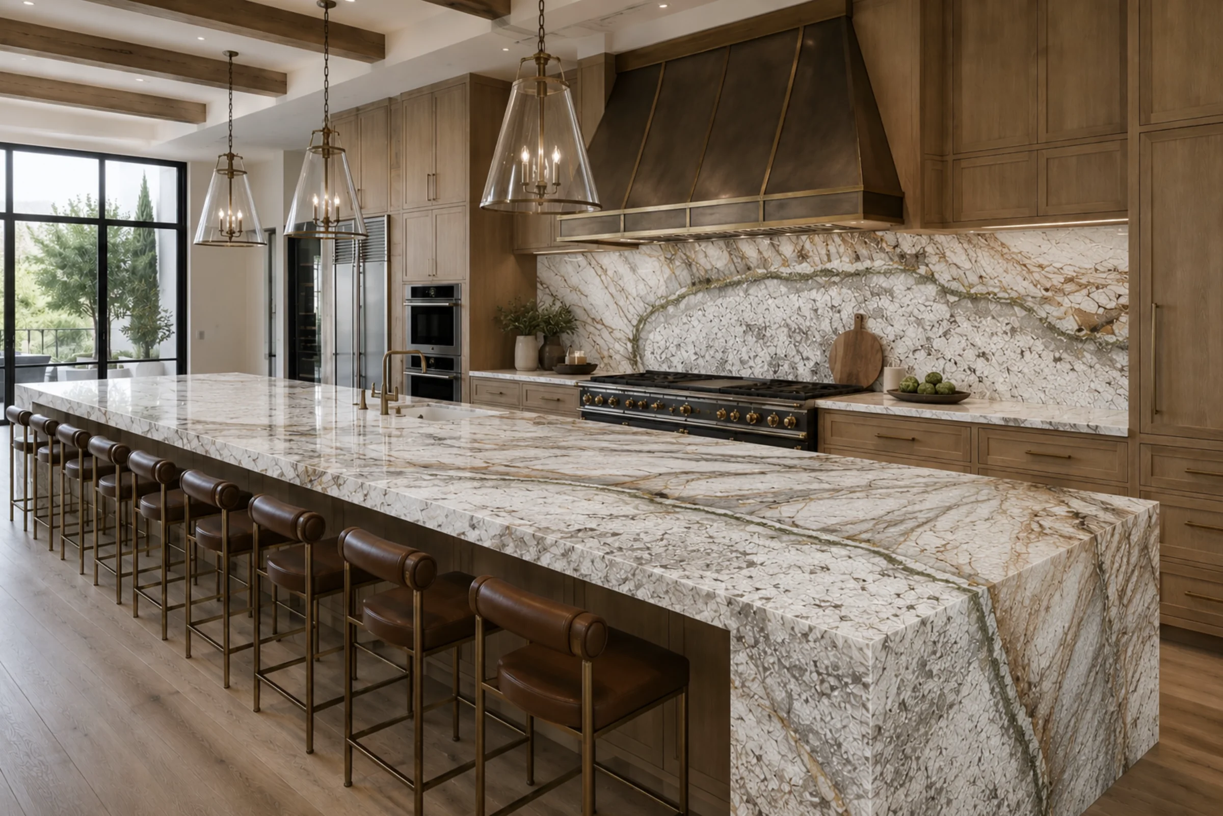 Luxury kitchen installation render featuring Patagonia Vitrum ZZ458 quartzite on the island and full-height backsplash