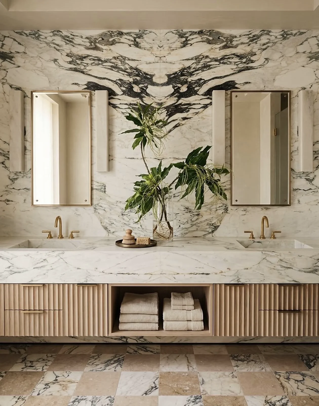 Primary bath by Ryan Saghian at 10850 Portofino Pl in Los Angeles — a bookmatched Viola marble feature wall behind twin mirrors and double vanities, with carved stone counters, warm oak fluted cabinetry, brushed-brass faucets, and a Viola marble and travertine checkerboard floor.