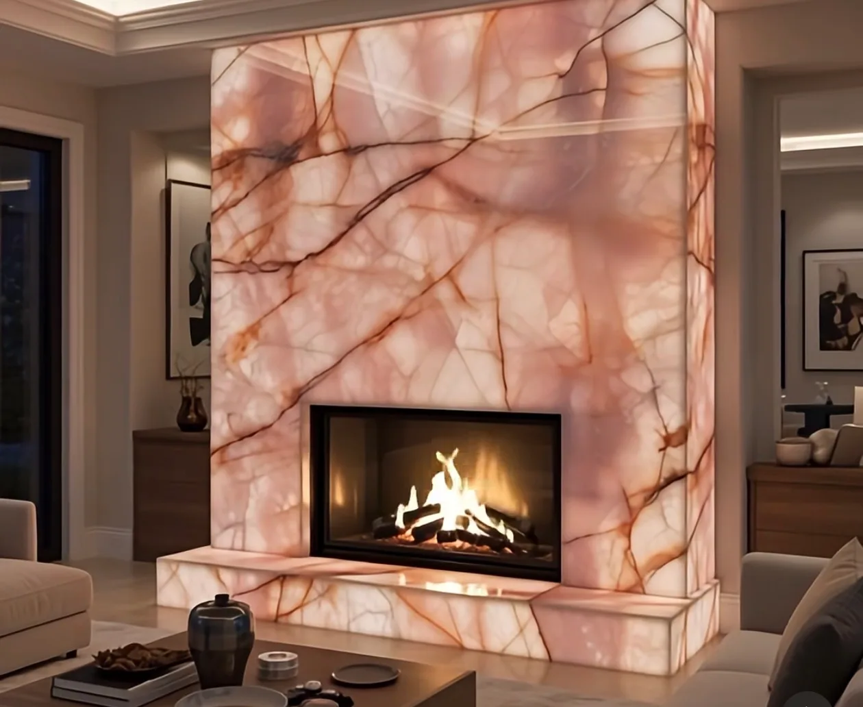 Living room fireplace surround in backlit rose quartzite with dramatic veining.