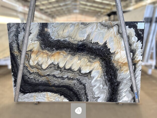 Cipollino Greywave Classic marble slab with cinematic black-and-gold wave over a pearl-gray ground, polished