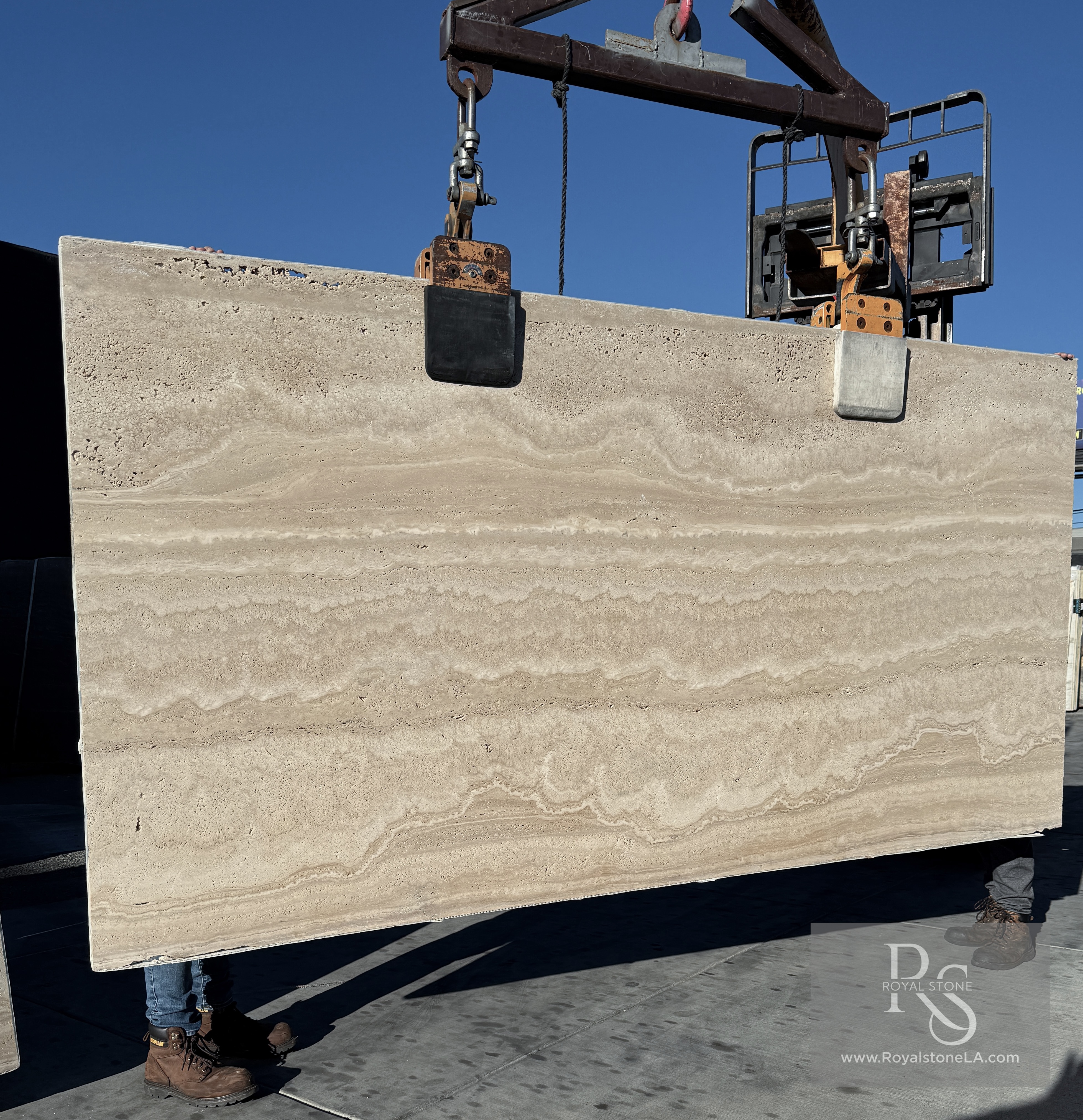 2cm Italian ivory travertine vein-cut unfilled slab at Royal Stone Los Angeles