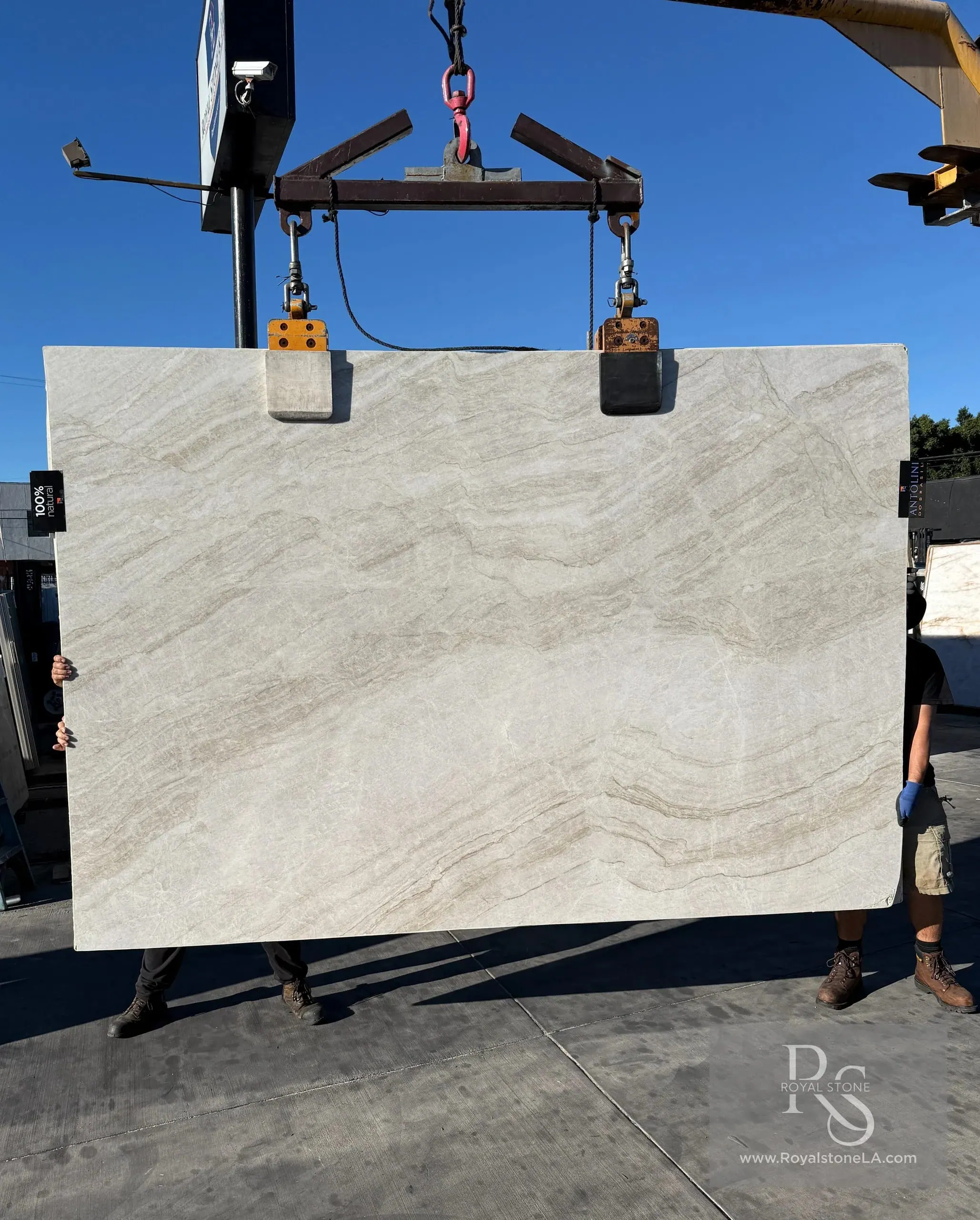 Super Taj Mahal quartzite slab with warm ivory field and soft veining at Royal Stone Los Angeles