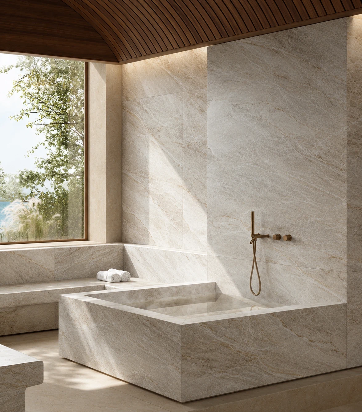 Rendering of Taj Mahal Select AO887 quartzite slabs installed across the walls, tub, and bench of a warm modern shower