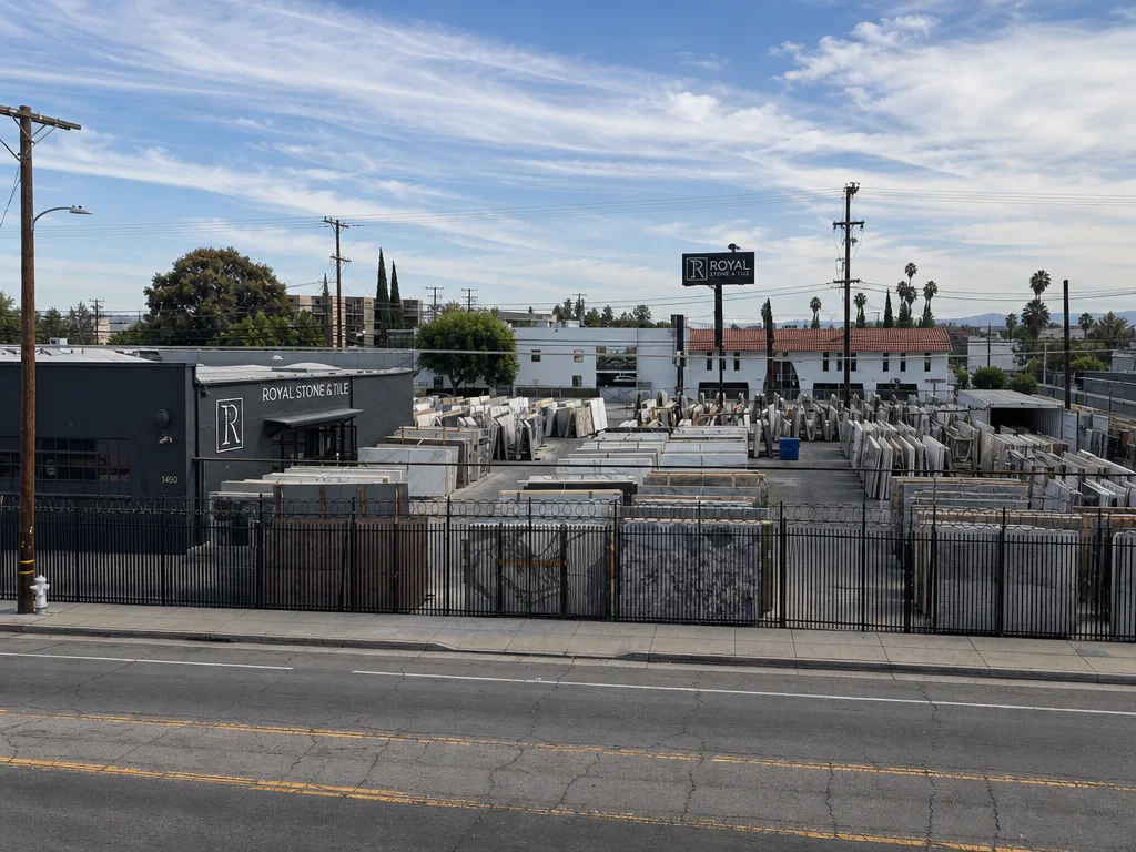 Wide view of thousands of natural stone slabs racked across the Royal Stone yard in Los Angeles